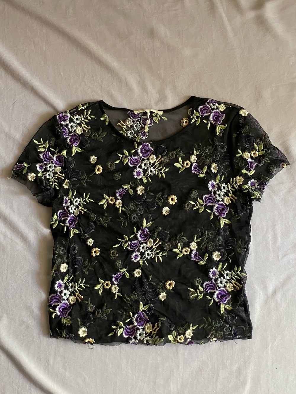 Urban Outfitters Black Floral Embroidered Sheer Mesh Crop Top M
